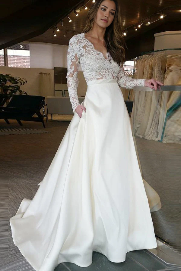 Vestido de novia sexy de corte A con escote en V, manga larga y apliques de encaje transparente